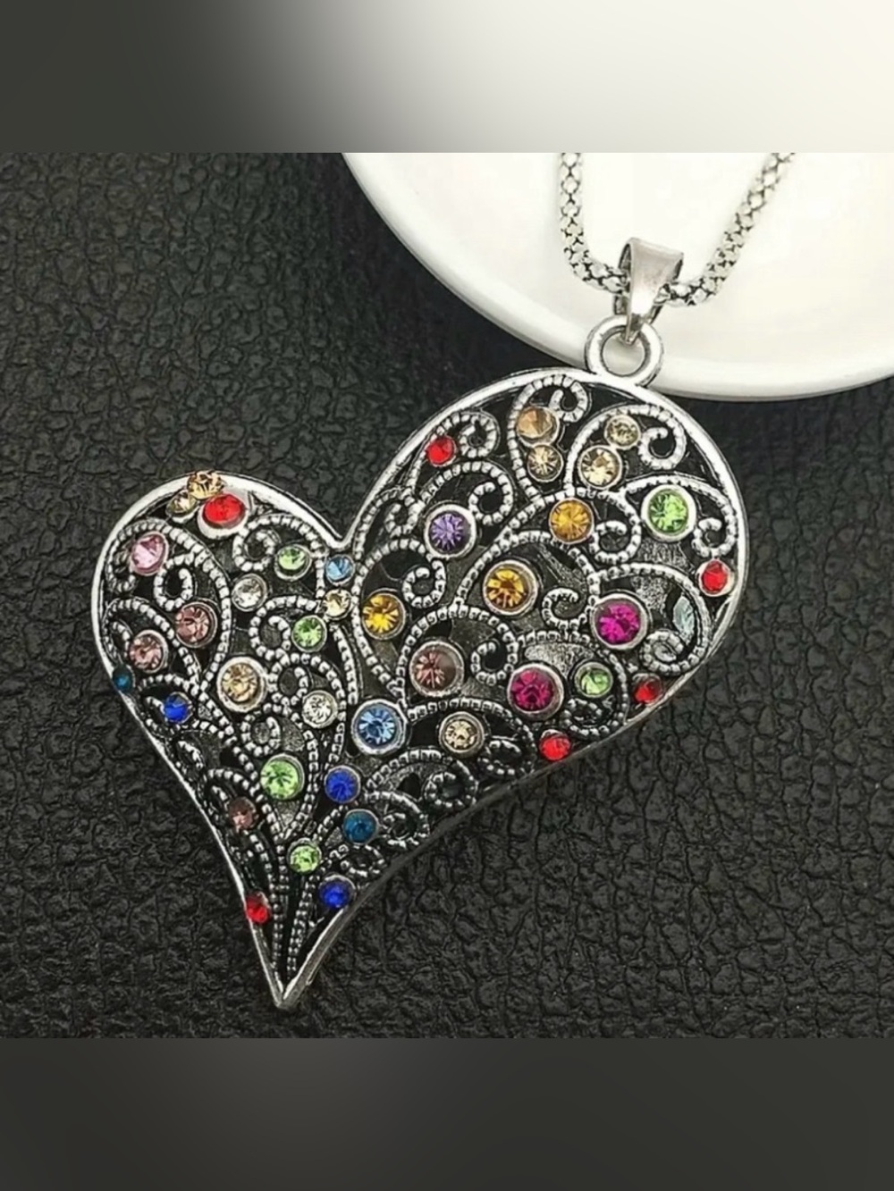 Multi-Colour Rhinestone Heart Necklace on Long 30” Chain